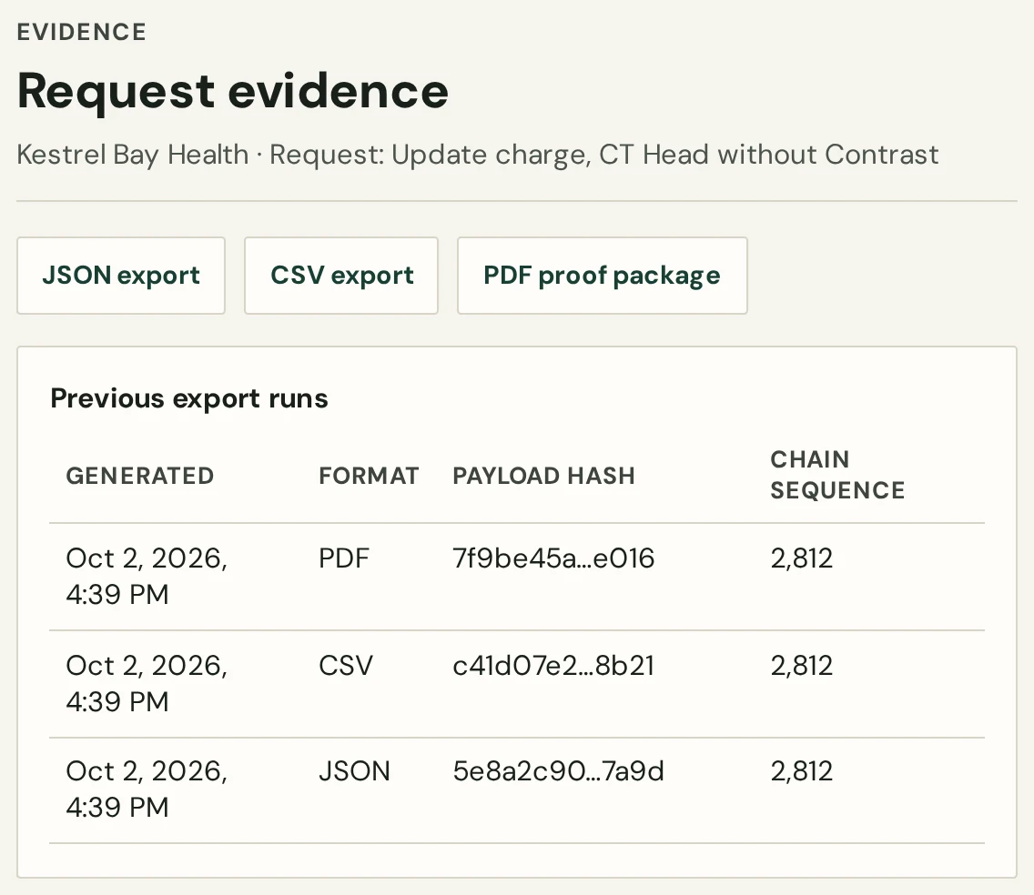 Request evidence with JSON, CSV and PDF proof exports and their payload hashes