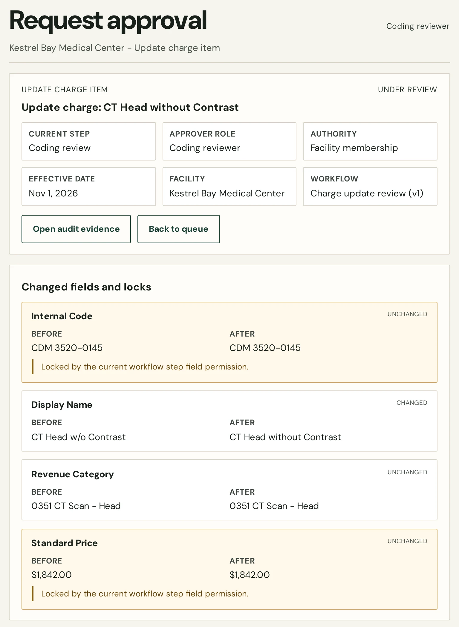 A change request awaiting coding review, with its effective date, facility and a field-by-field before and after
